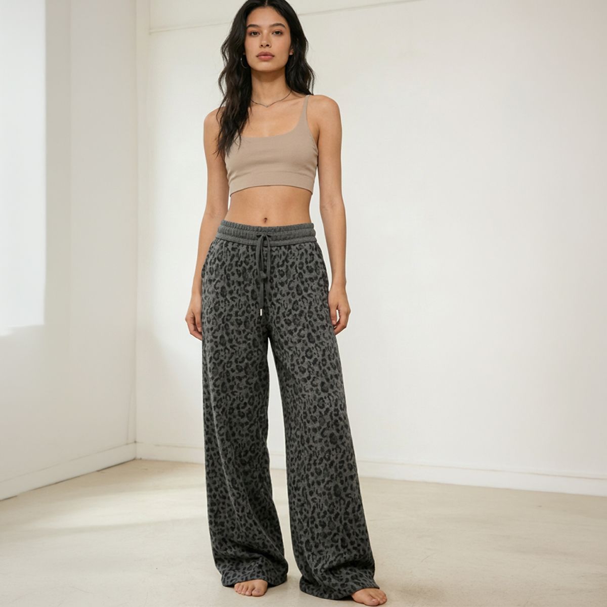 AGW - Pantalón Animal Print de Buzo Palazzo Térmico Forrado En Chiporro