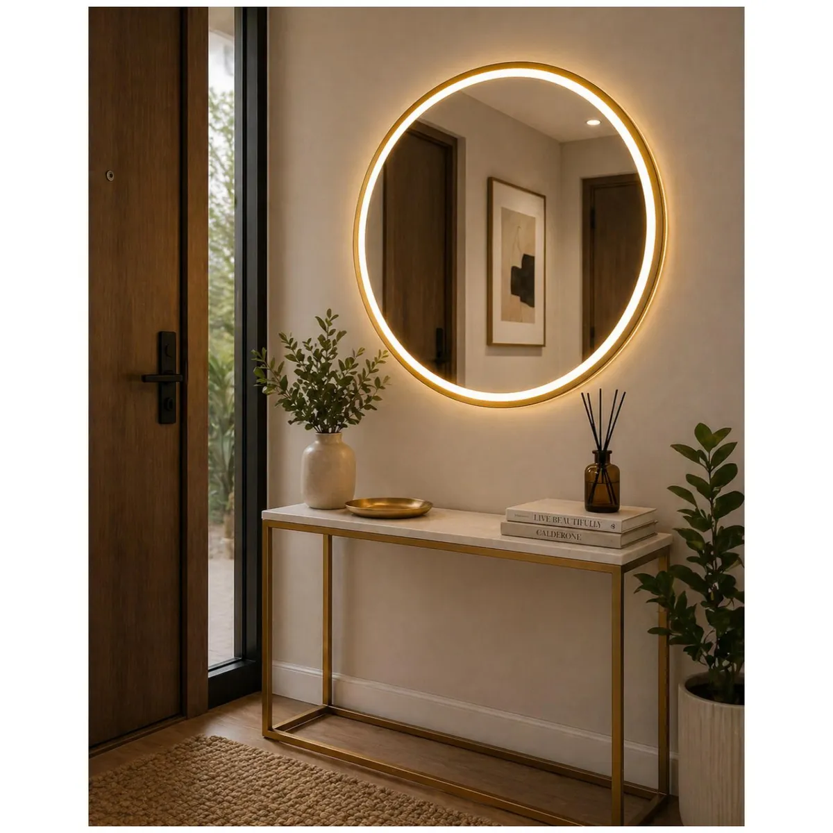 GENERICO - Espejo Led Redondo 60x60 Cm Dorado Diseño Moderno Minimalista