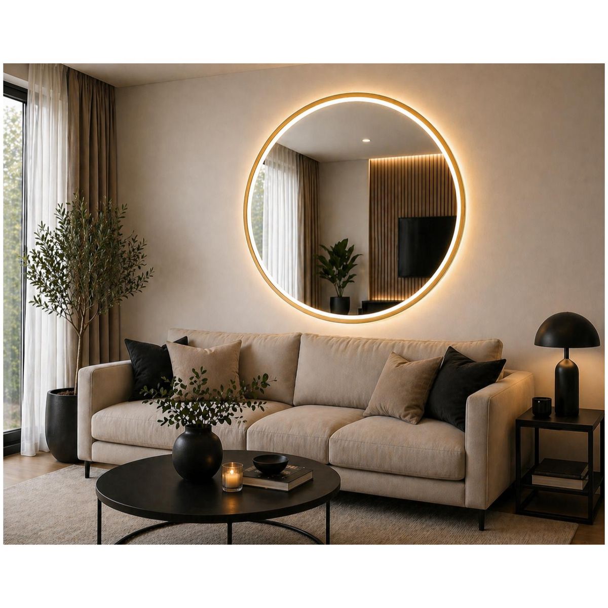 GENERICO - Espejo Led Redondo 60x60 Cm Dorado Diseño Moderno Minimalista