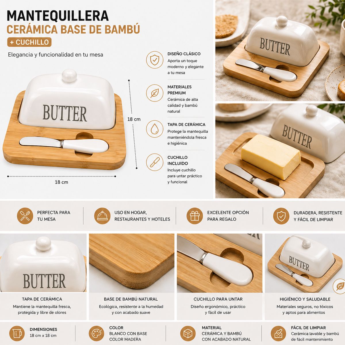 GENERICO - Mantequillera Ceramica Base Bambu Con Cuchillo 18 Cm SetPro