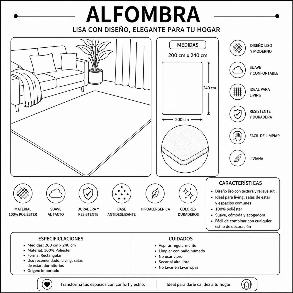 GENERICO - Alfombra Con Diseño  3D Lisas 200 X240  18