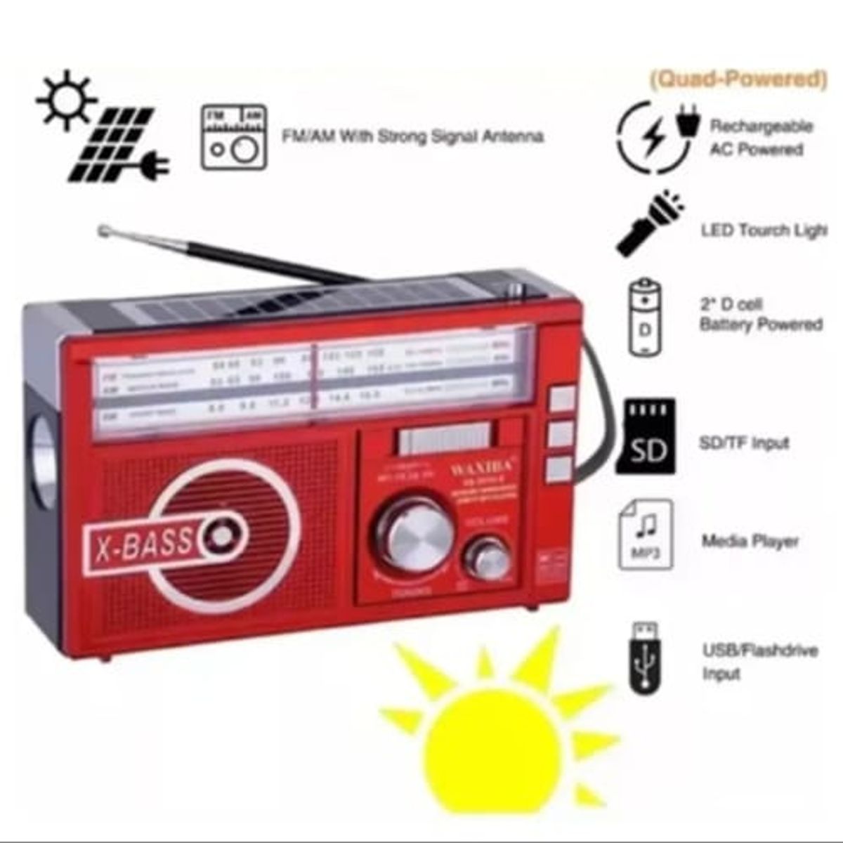 MOVI - Radio AM FM, Con Panel Solar, Linterna, a Pilas y Recargable