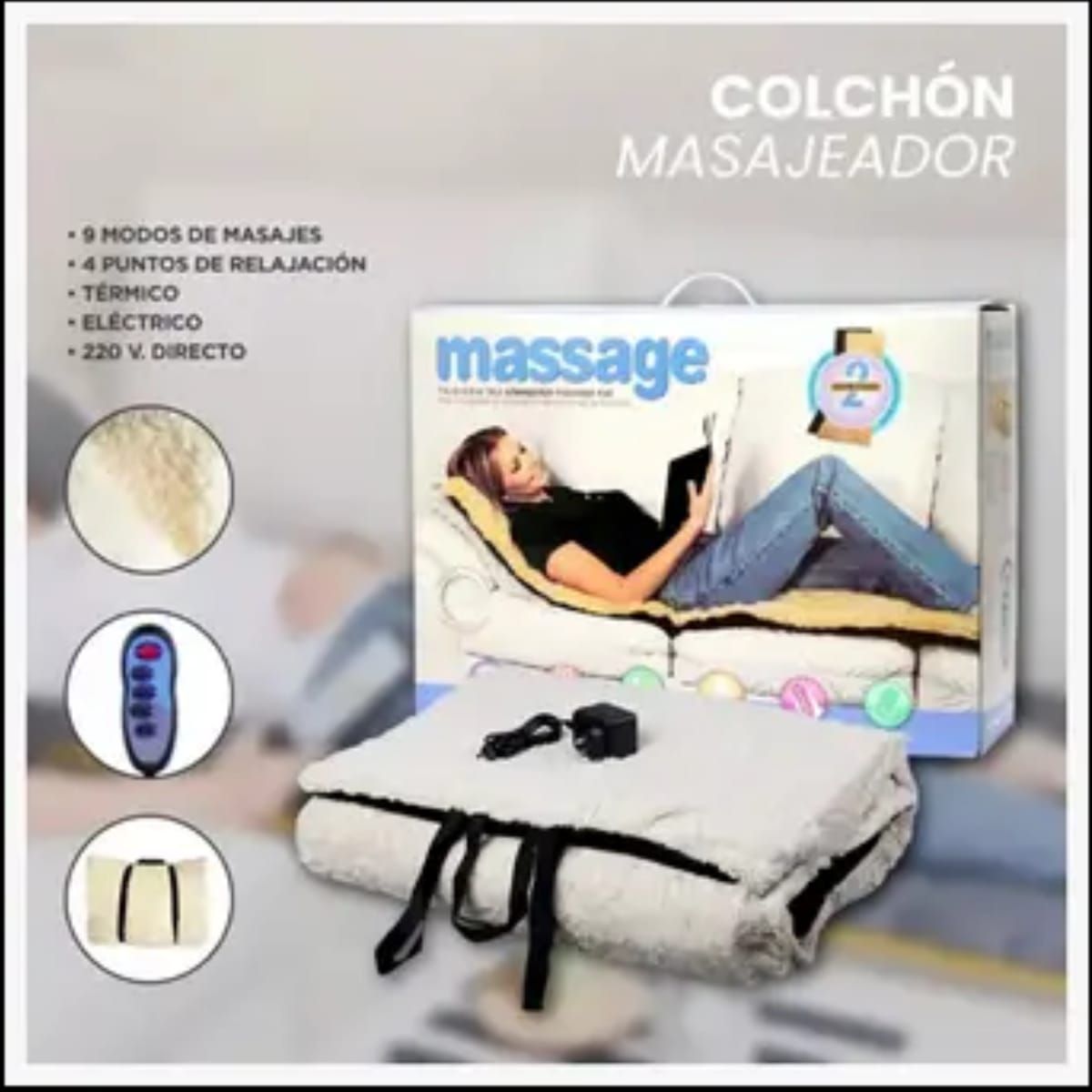 MOVI - COLCHONETA MASAJEADORA CON CALOR, 9 MODOS DE MASAJE, PORTATIL