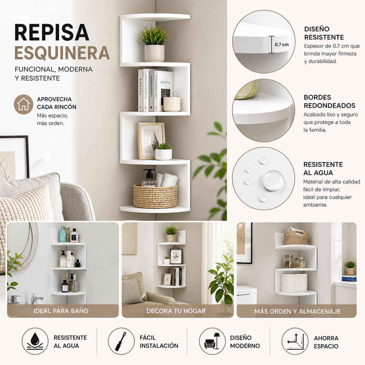 GENERICO - Repisa Esquinera Zig Zag Moderna 5 Niveles De Madera MDF Blanco