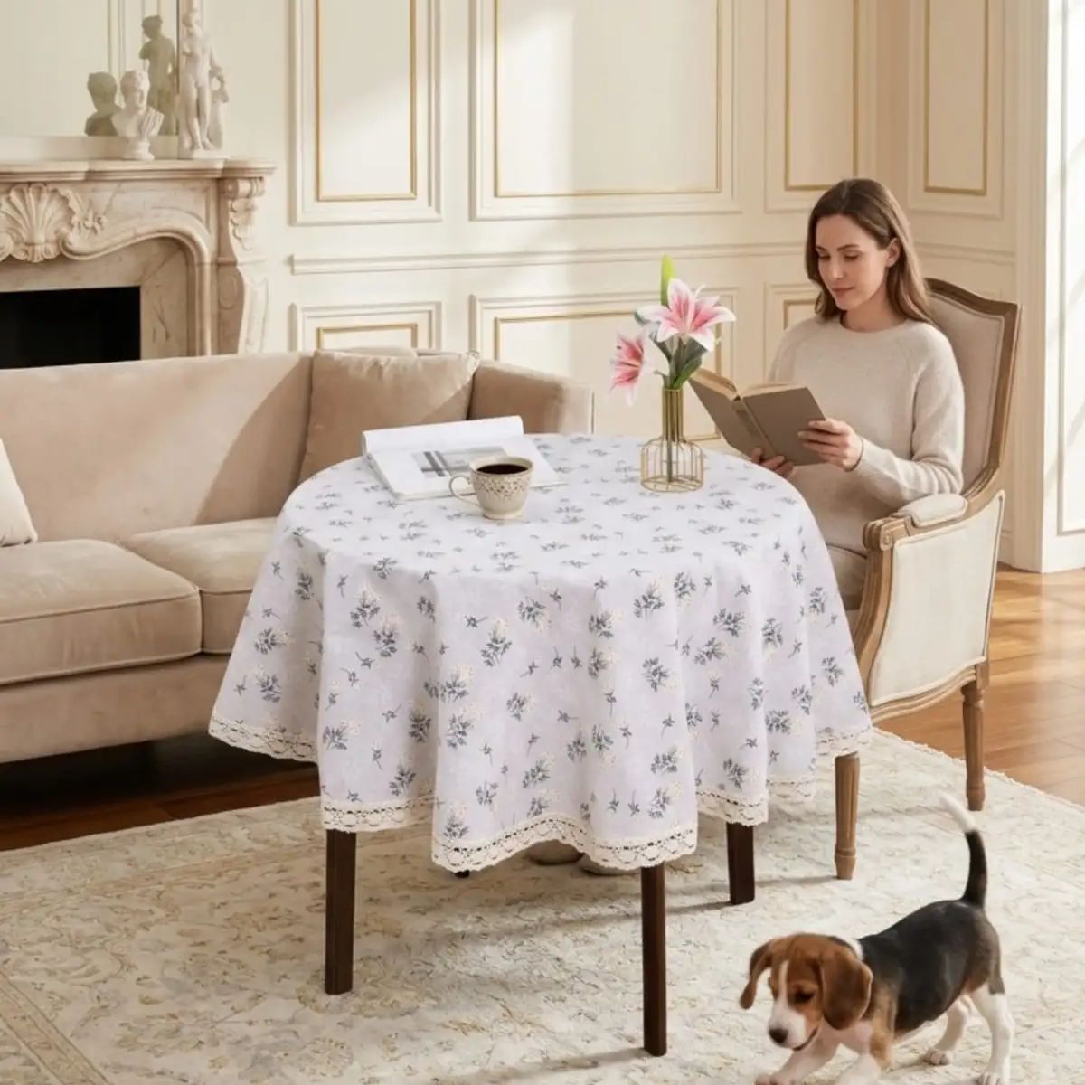 GENERICO - Mantel Redondo Lino Rústico Elegante Con Flecos 140 Cm