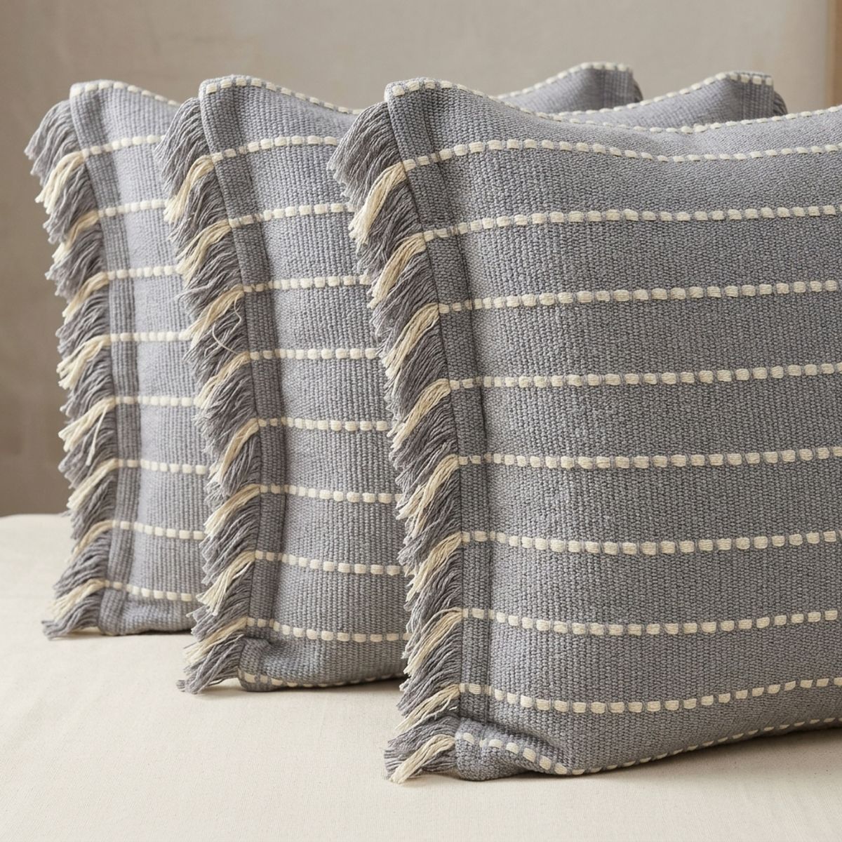 ARMONIA - Pack 3 Fundas Gruesas Croche + Flecos Gris 752 Decoración Dormitorio Living