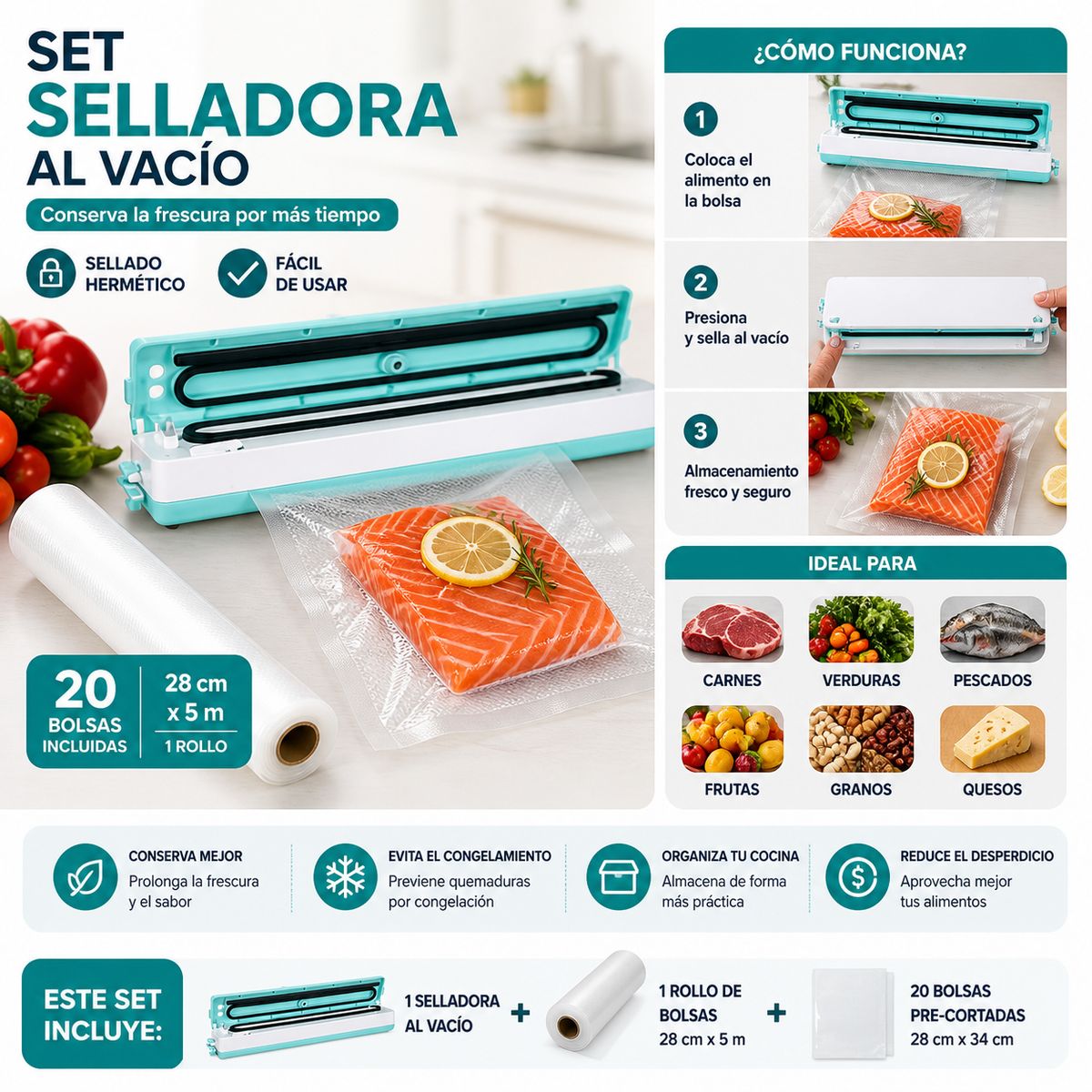 GENERICO - Selladora Vacio Cocina Con Bolsas Set Completo 28Cm