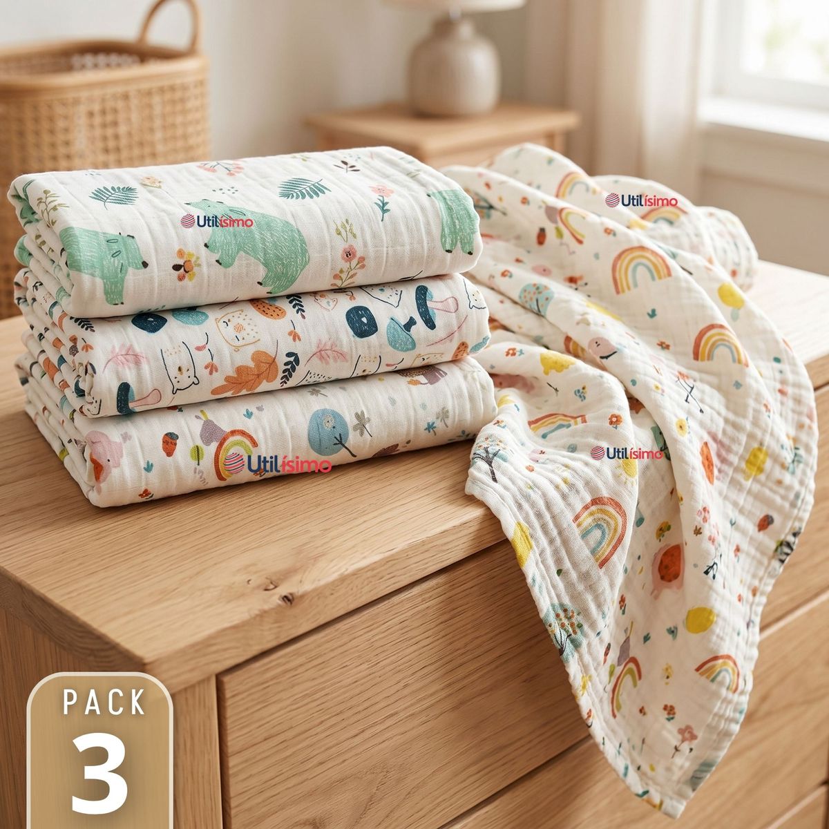 JUMP KIDS - Pack 3 Mantas Muselina 70x 70 CM Bebé Niña Multiuso 100% Algodón Colores Surtidos