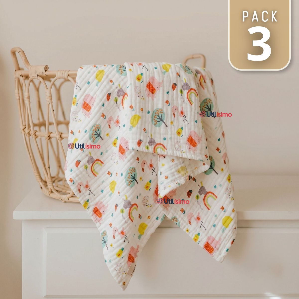 JUMP KIDS - Pack 3 Mantas Muselina 70x 70 CM Bebé Niña Multiuso 100% Algodón Colores Surtidos