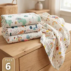 JUMP KIDS - Pack 6 Mantas Muselina 70x 70 CM Bebé Niña Multiuso 100% Algodón Colores Surtidos