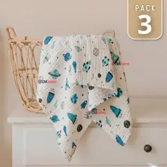 JUMP KIDS - Pack 3 Mantas Muselina 70x 70 CM Bebé Niño Multiuso 100% Algodón Colores Surtidos