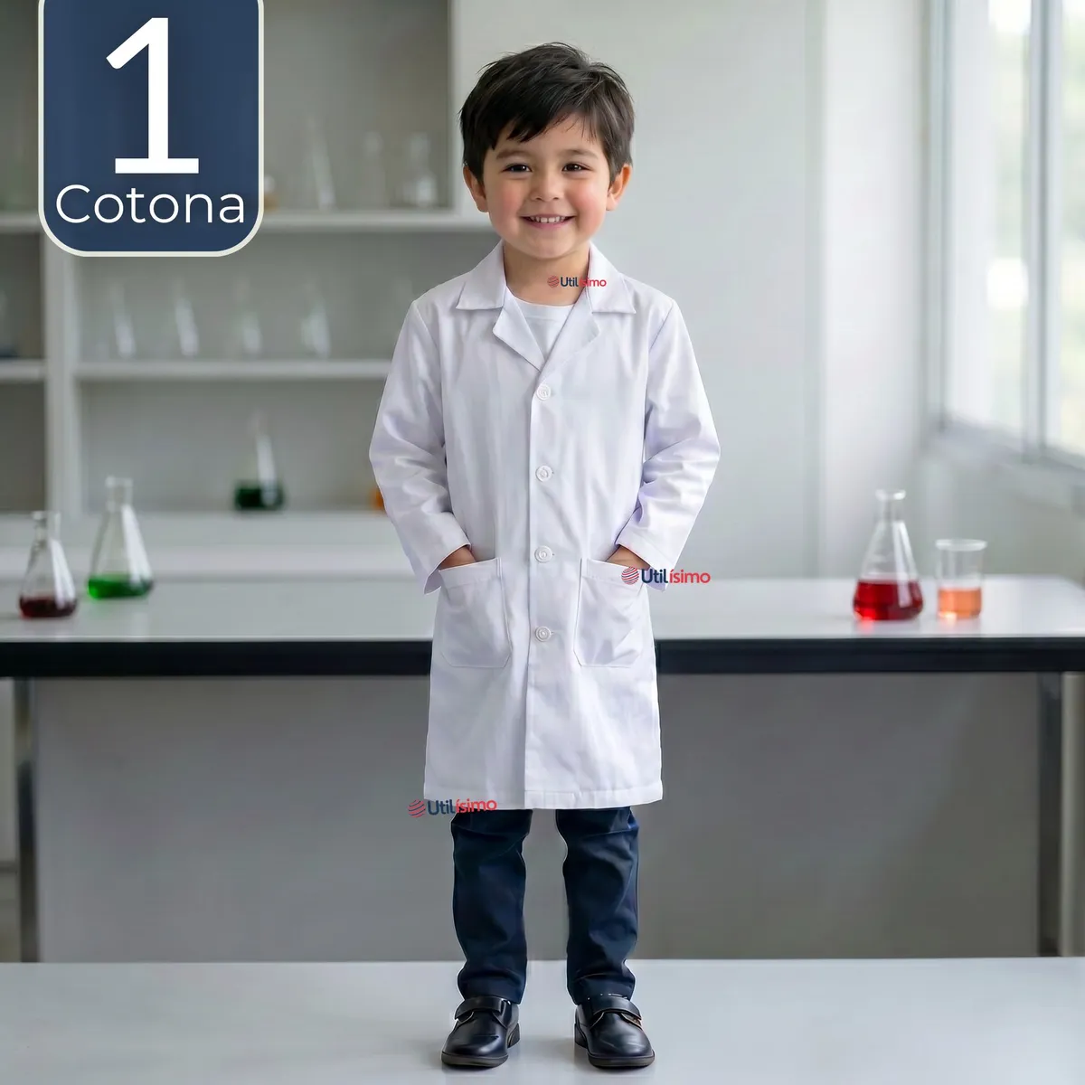 UTILISIMO - Cotona Delantal Blanca Escolar Colegio Unisex Niño Niña Manga Larga Bata