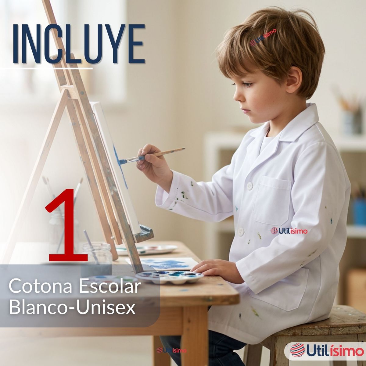 UTILISIMO - Cotona Delantal Blanca Escolar Colegio Unisex Niño Niña Manga Larga Bata