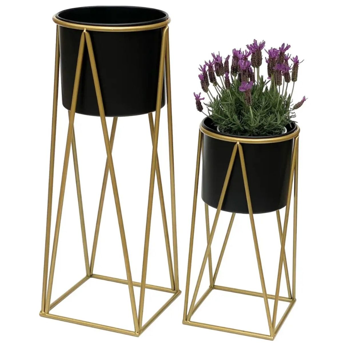 GENERICO - Set 2 Porta Maceteros Pedestal Maceta Plantas Negro Dorados Labg