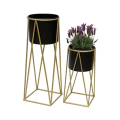 GENERICO - Set 2 Porta Maceteros Pedestal Maceta Plantas Negro Dorados Labg
