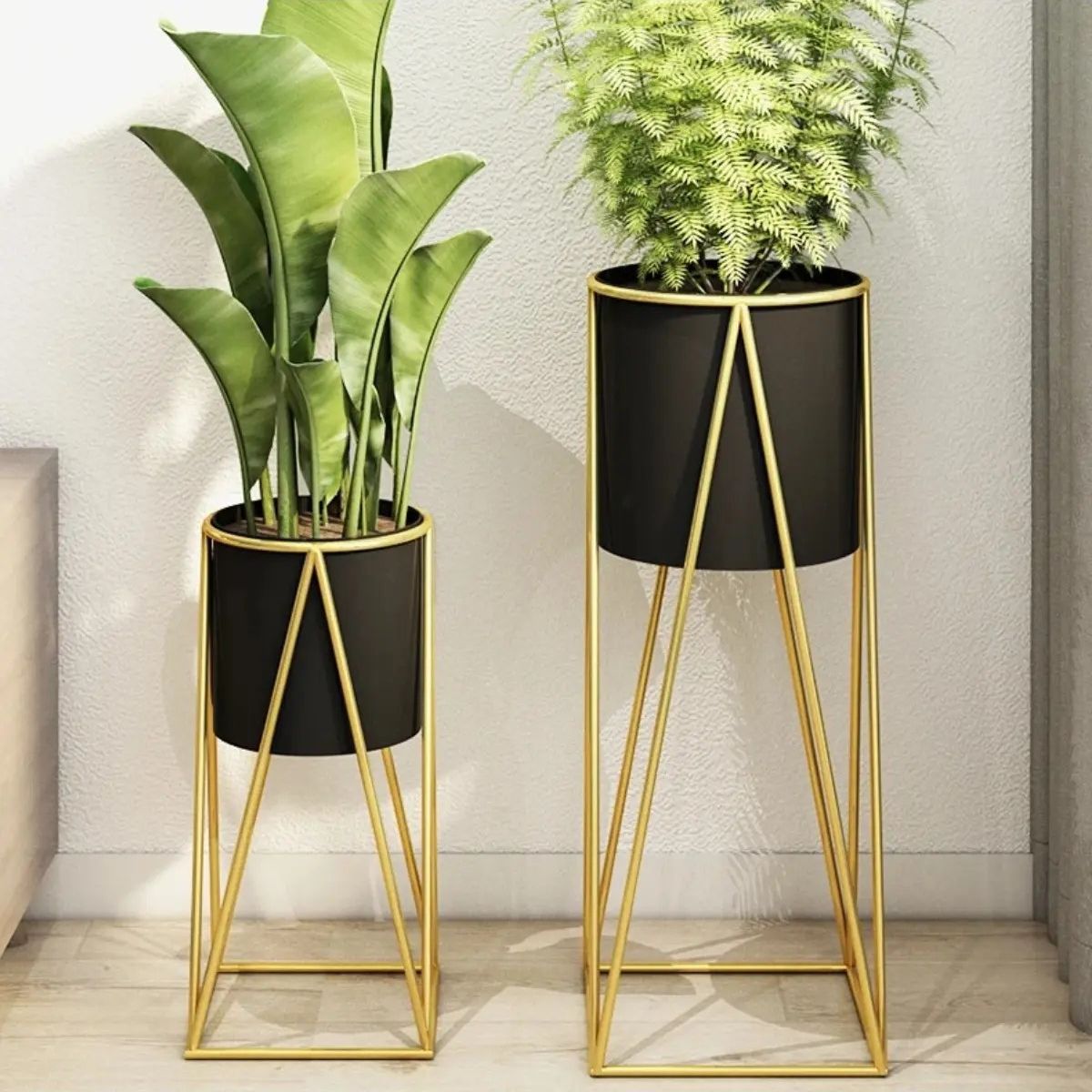 GENERICO - Set 2 Porta Maceteros Pedestal Maceta Plantas Negro Dorados Labg