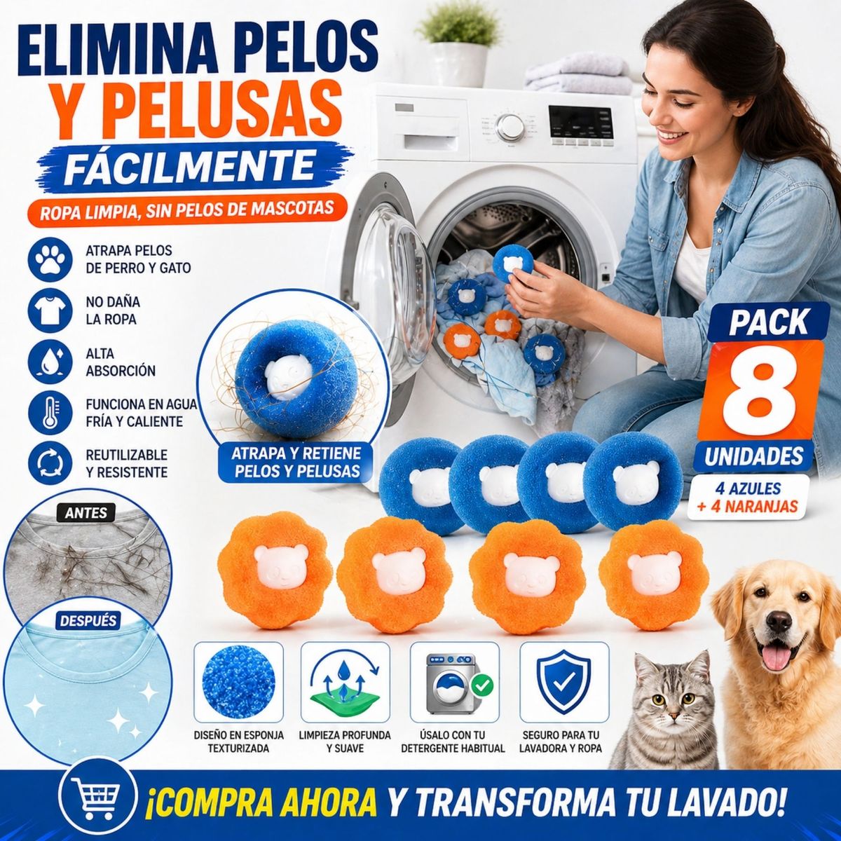DEFF - 8 Bolas De Esponja Saca Pelusas Para Lavadora Removedor De Pelos de mascota
