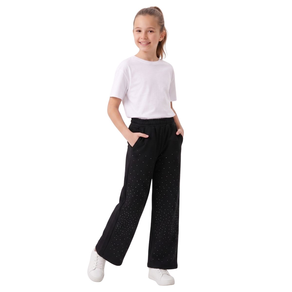 KIBOU - Pantalón Buzo Niña Wide Leg Brillos Algodón Moda Urbana