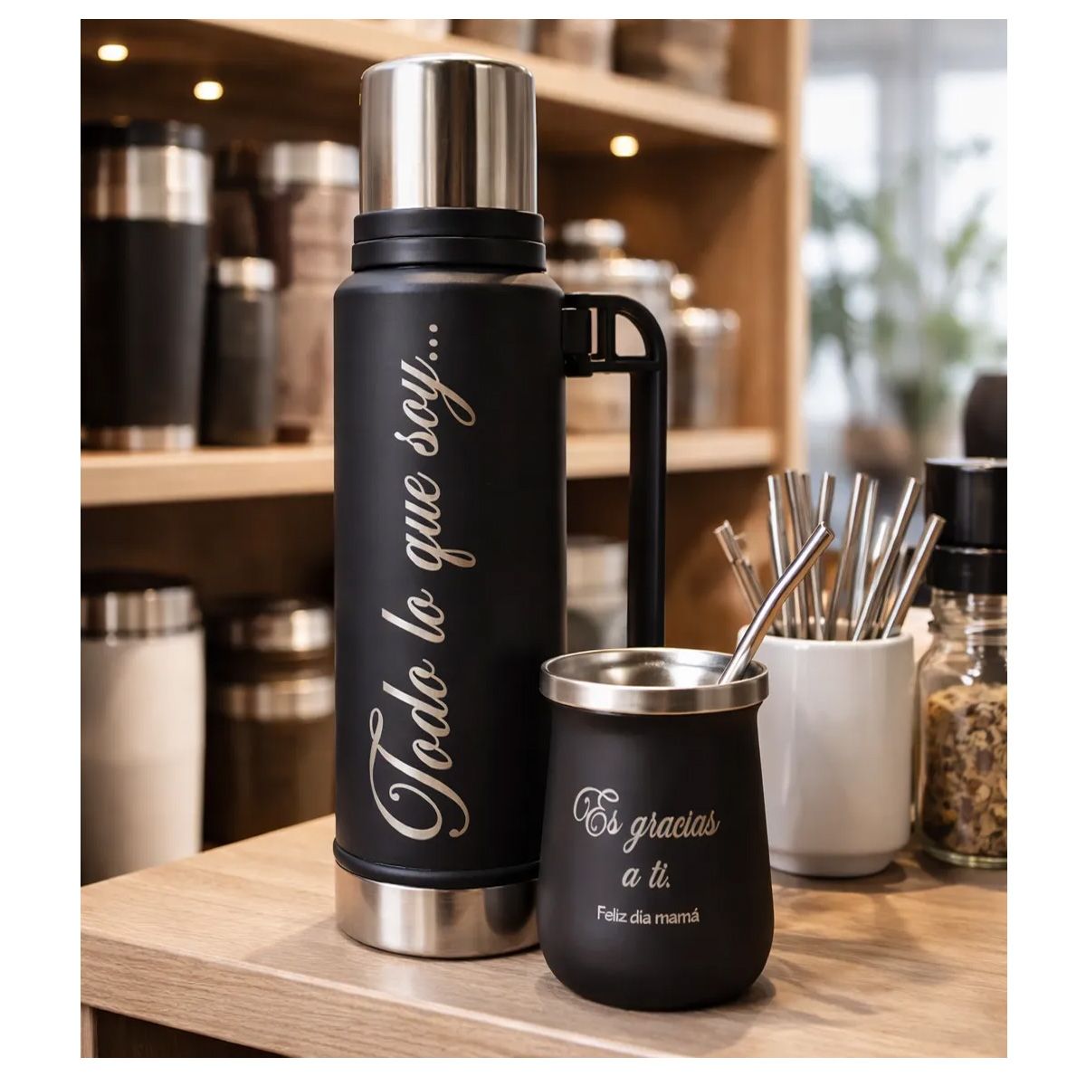 MORLAN - Set Matero Acero Personalizado Regalo Día De La Madre Negro