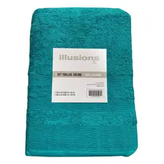 ILLUSIONS - Set Toalla Baño + Mano 100% Algodón 500 Grs Turquesa