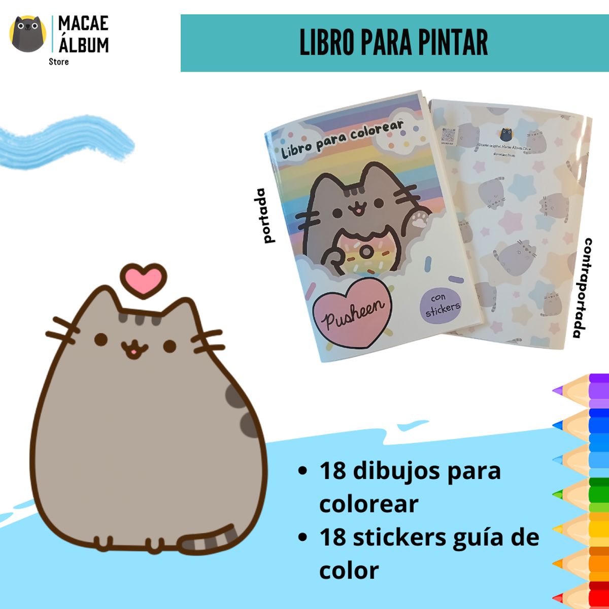 GENERICO - Libro para pintar Pusheen con stickers