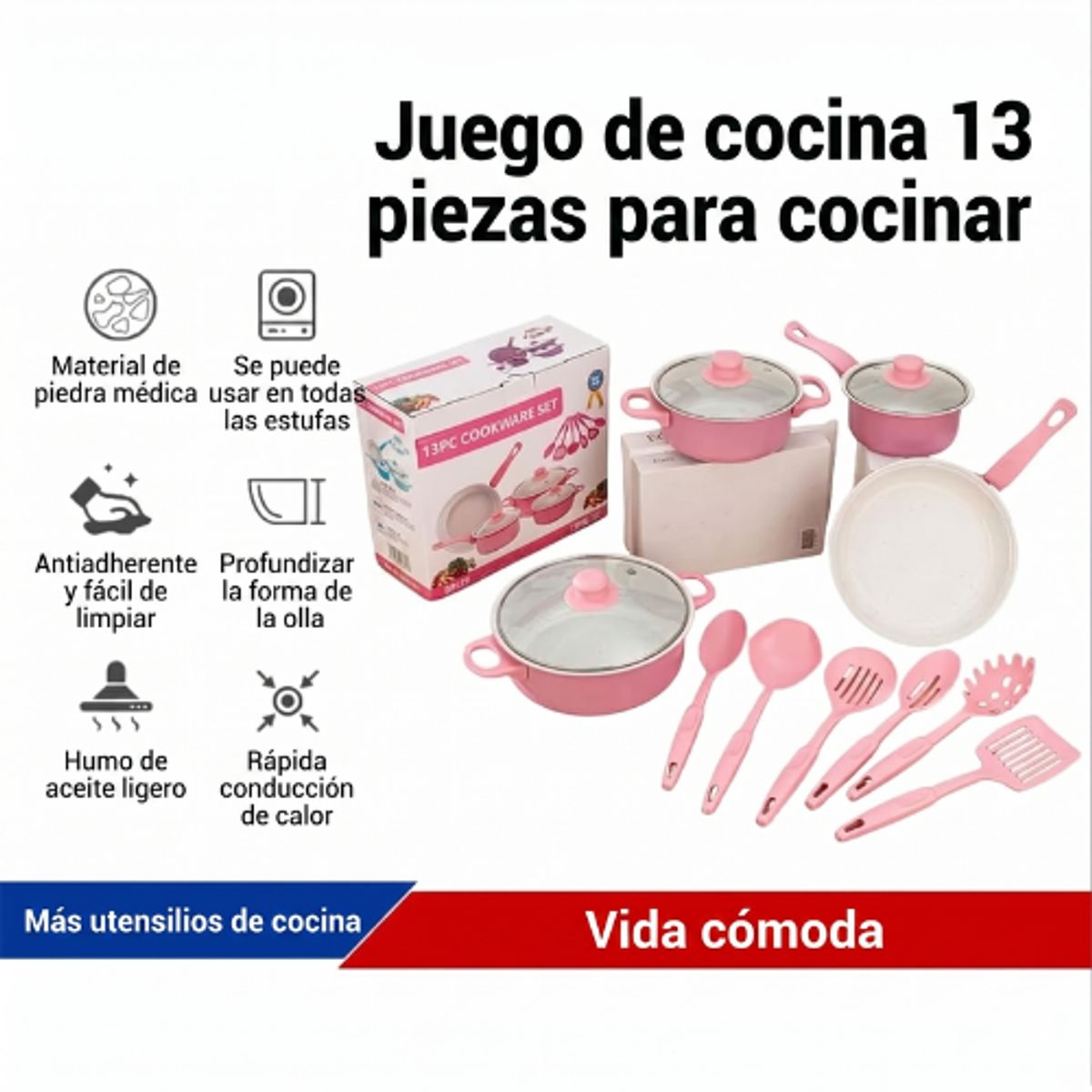 GENERICO - Set 12 Piezas de Ollas Rosa DR-13