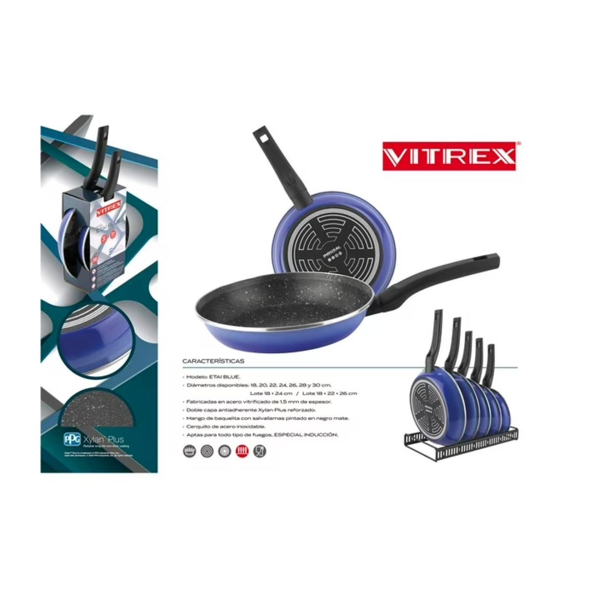 VITREX - Set 3 Sartenes Antiadherentes 18 22 26cm Etai Blue Vitrex