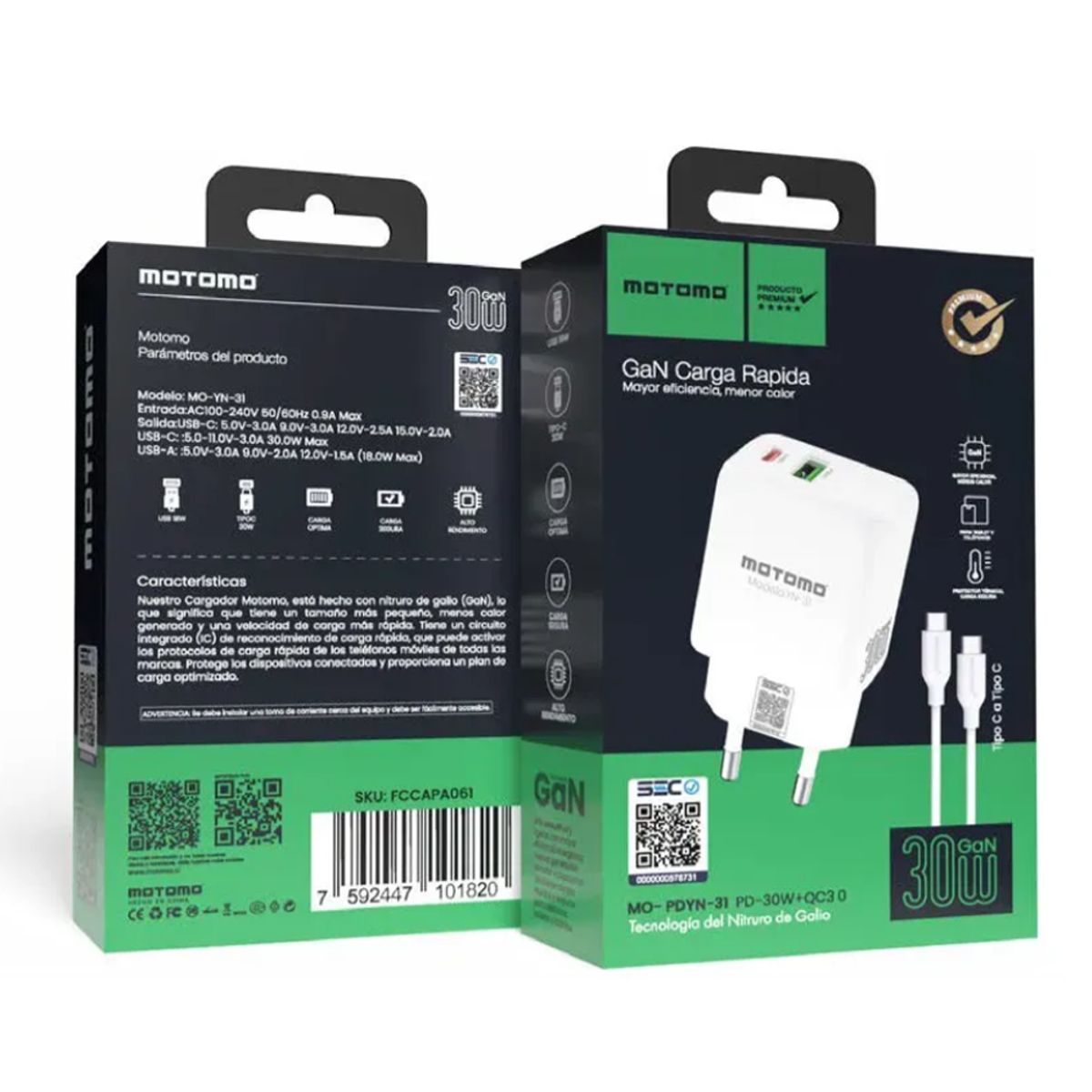 MOTOMO - Cargador Tipo C 30w Gan Motomo