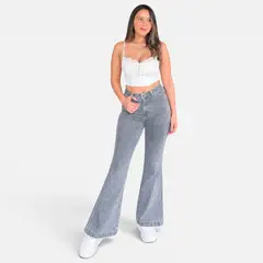 DOBLE V - Jeans Mujer Flare Gris Gravillado Tiro Alto