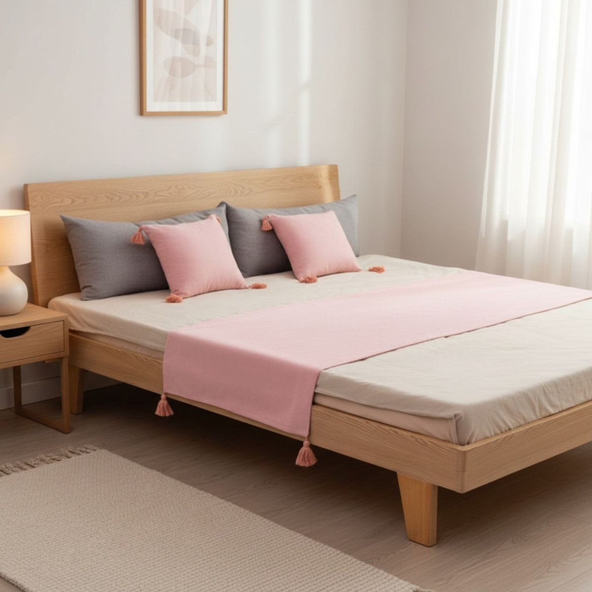 GENERICO - Juego De Piecera De Lino Con Pompones Medida 70x210cm Pie De Cama Rosado