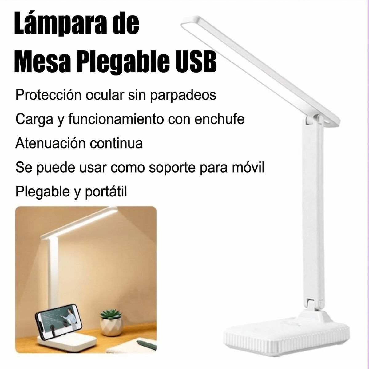 GENERICO - Packx3 Lámpara plegable Escritorio LED Recargable Soporte Celular Táctil