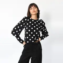 NATALIA SEGUEL - Polera Abril Mangas Largas Negro Lunares