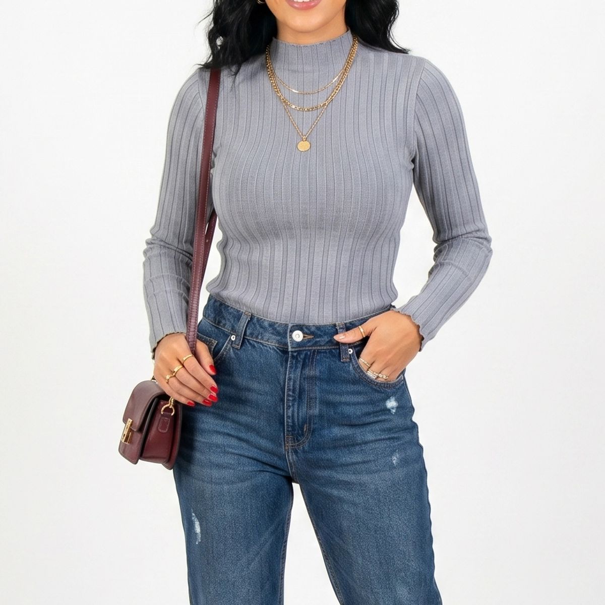 HIPSY SWIMWEAR - Sweater cuello alto mujer acanalado básico colores