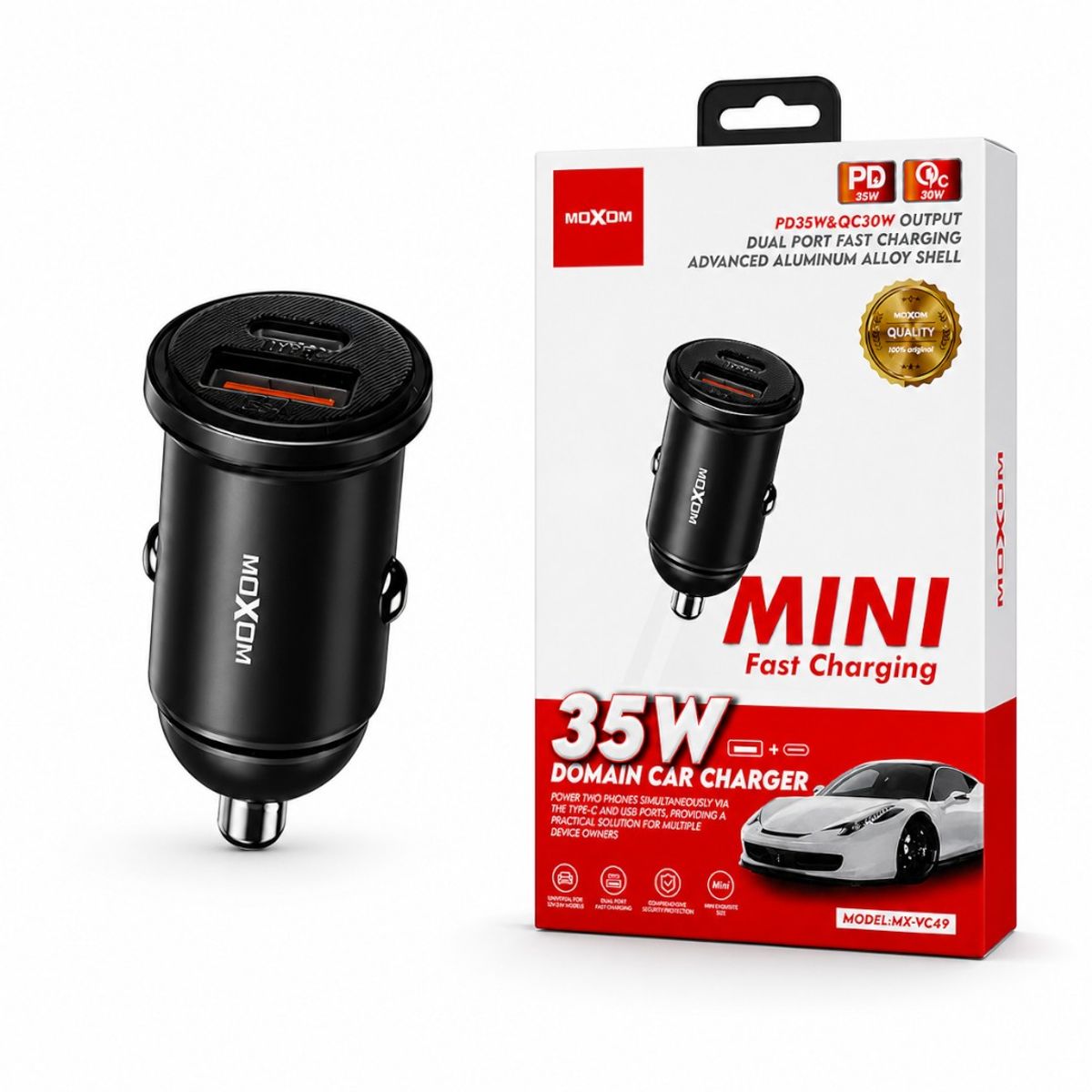 MOXOM - Cargador Auto 35W Carga Rápida USB C Dual PD QC