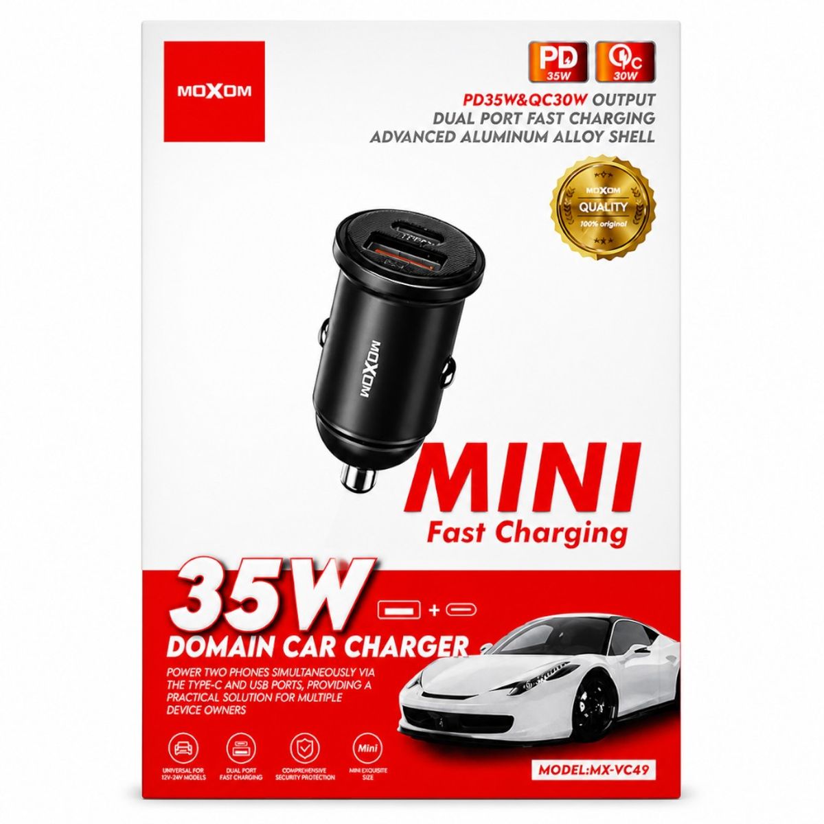 MOXOM - Cargador Auto 35W Carga Rápida USB C Dual PD QC