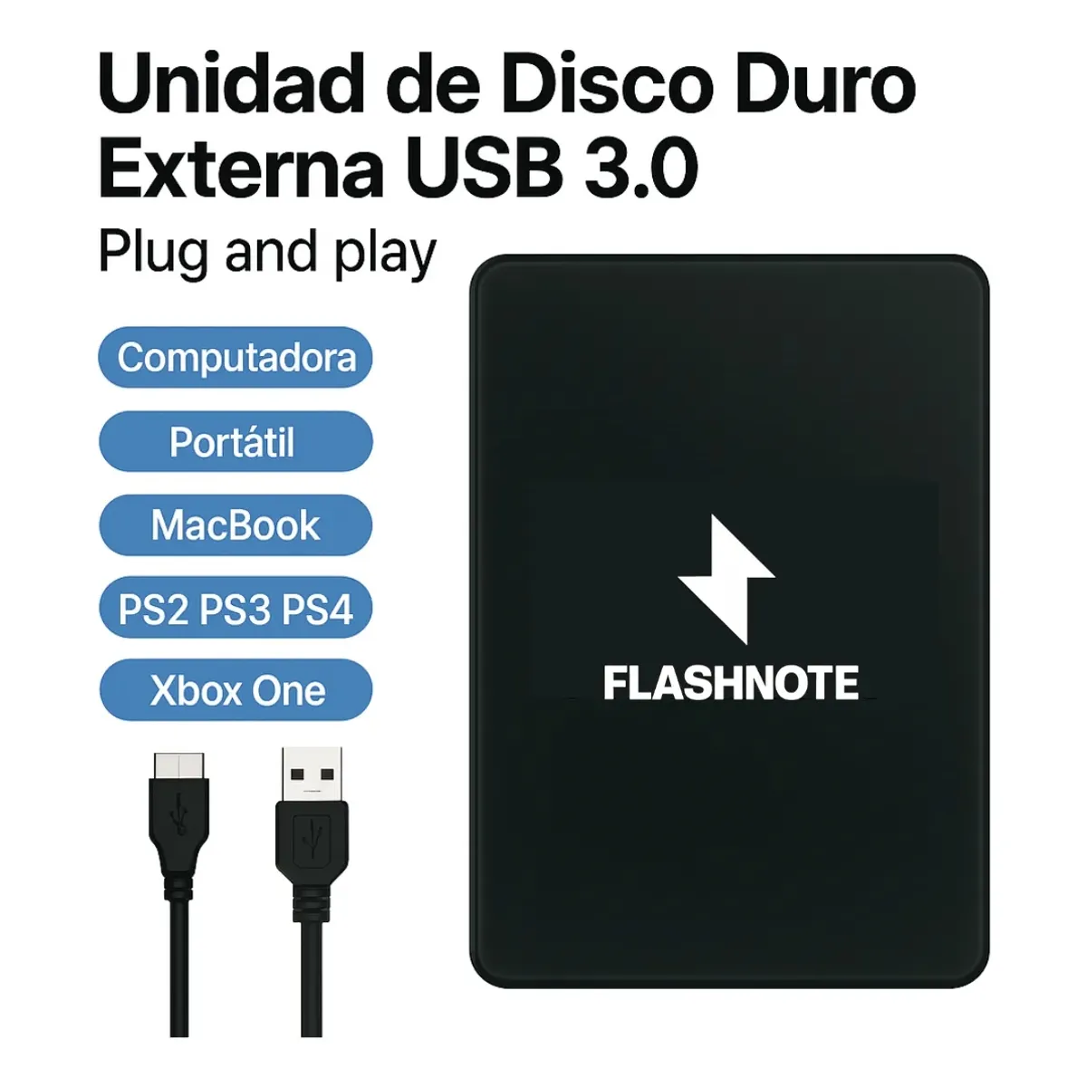 GENERICO - Disco Duro Externo FLASHNOTE 1TB USB 3.0 Compatible PC PS4 Xbox Negro