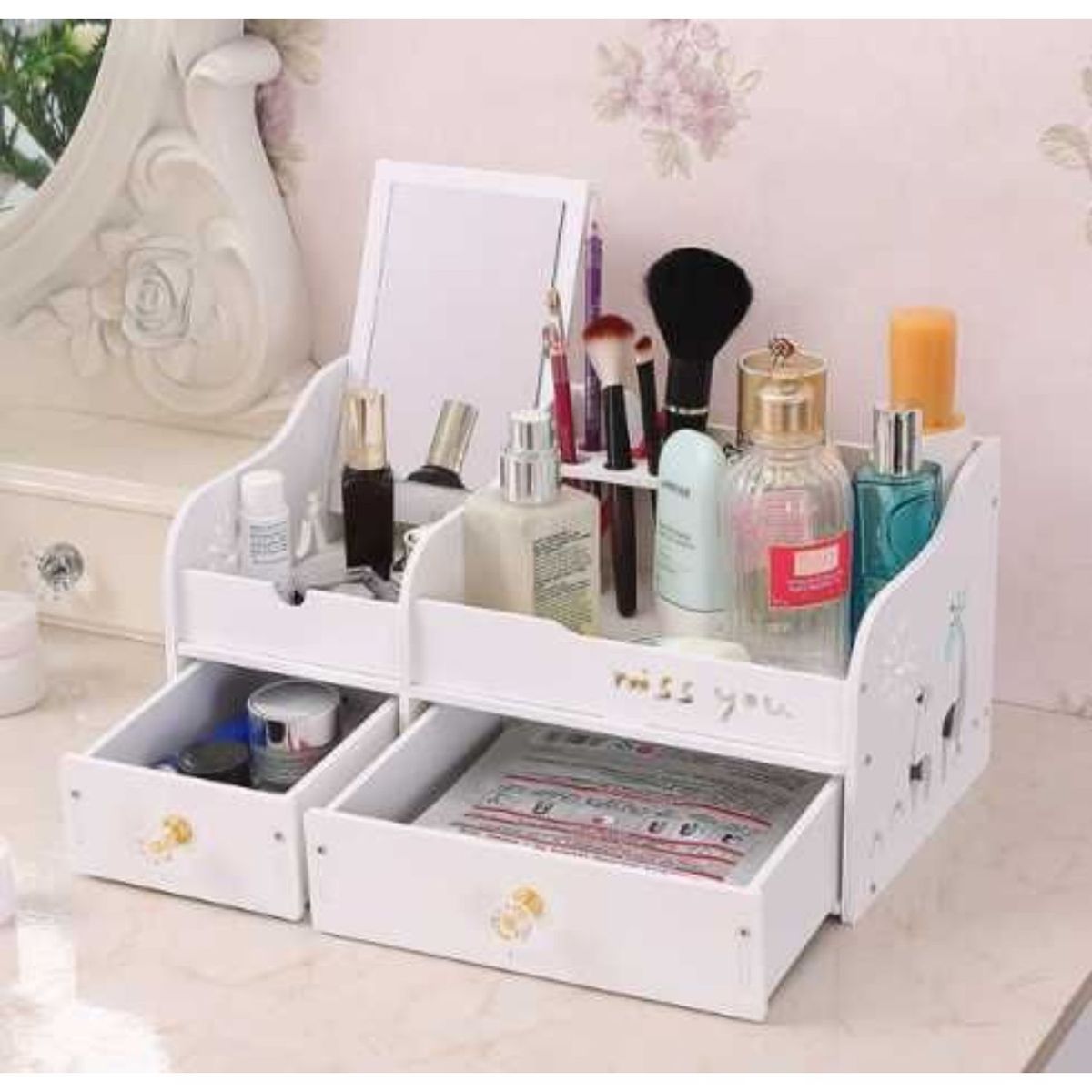 GENERICO - Organizador Maquillaje Con Espejo Y Cajones De Escritorio
