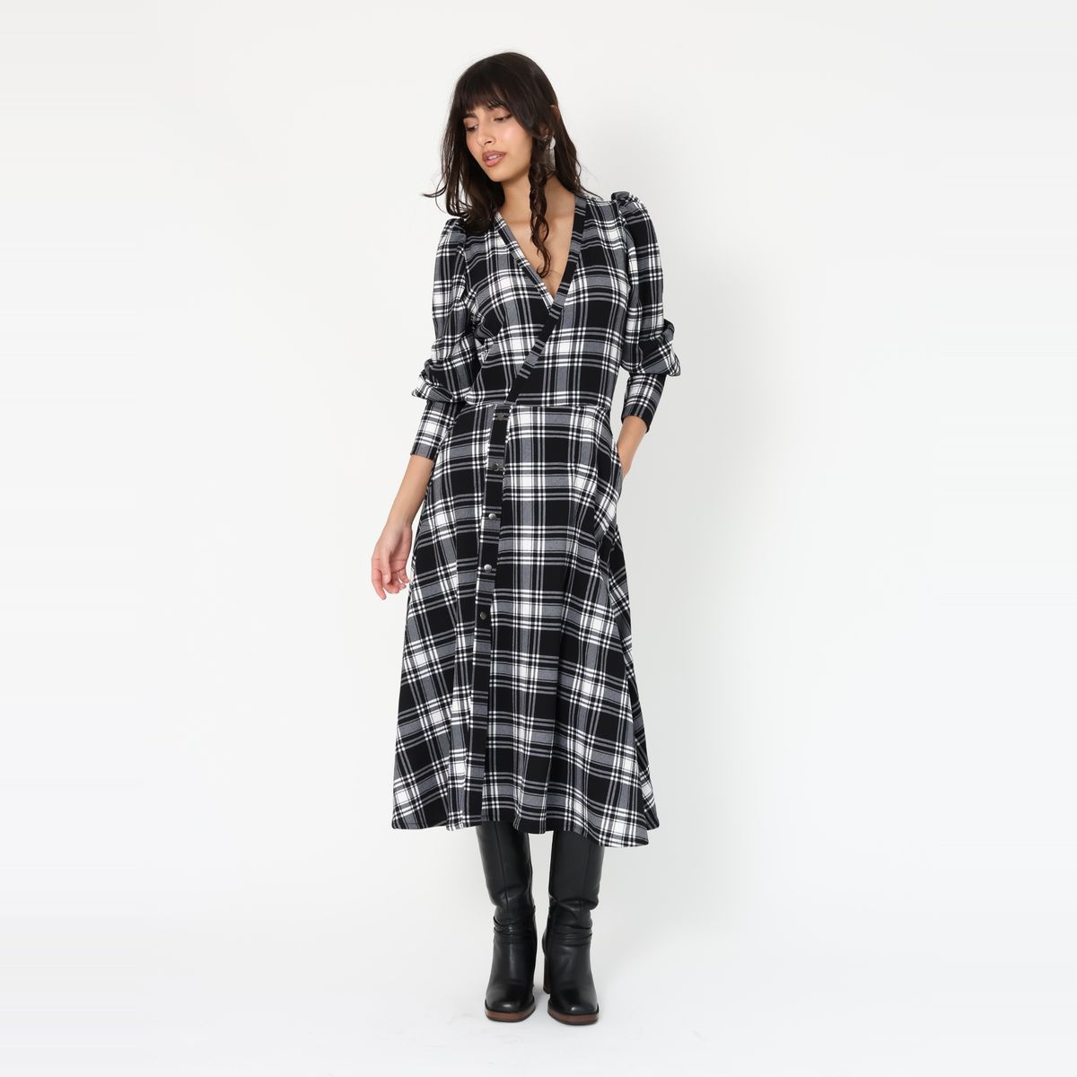 NATALIA SEGUEL - Vestido Mara Negro Cuadrillé - Diseño Chileno - Natalia Seguel