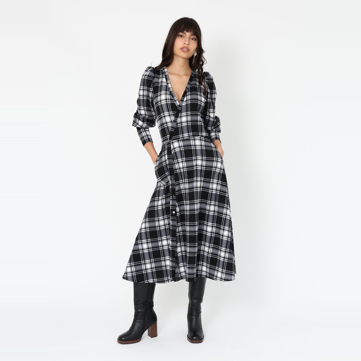 NATALIA SEGUEL - Vestido Mara Negro Cuadrillé - Diseño Chileno - Natalia Seguel