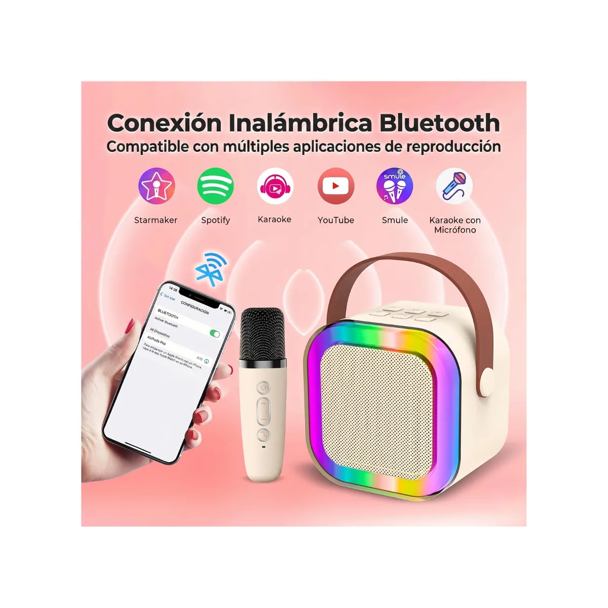 GENERICO - Mini Parlante Karaoke Portátil K12 Bluetooth con Micrófono Inalámbrico y Luces RGB