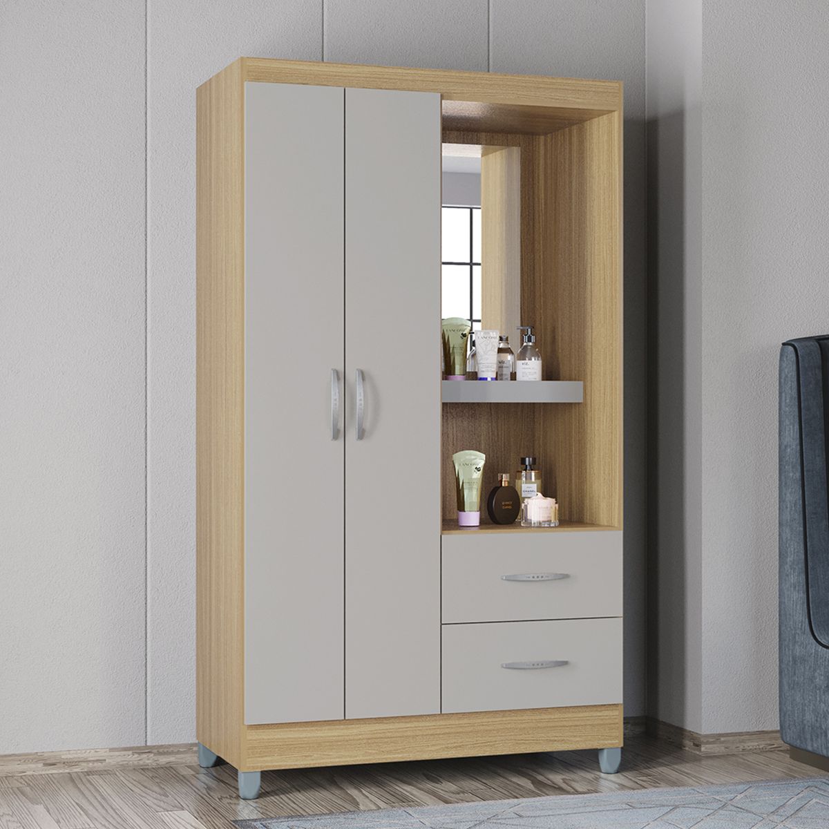 TAHUARI - Closet Cordoba 2 puertas 2 cajones con espejo Damasco off white