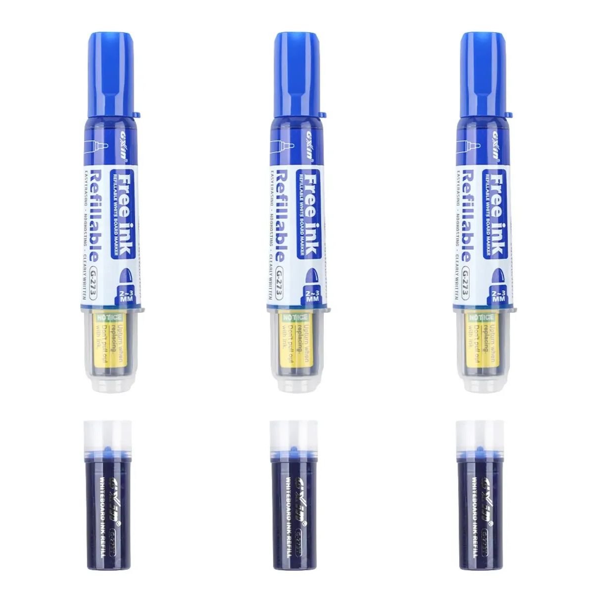 GENERICO - Set 3 Plumones Recargables Para Pizarras + 3 Recargas Azul