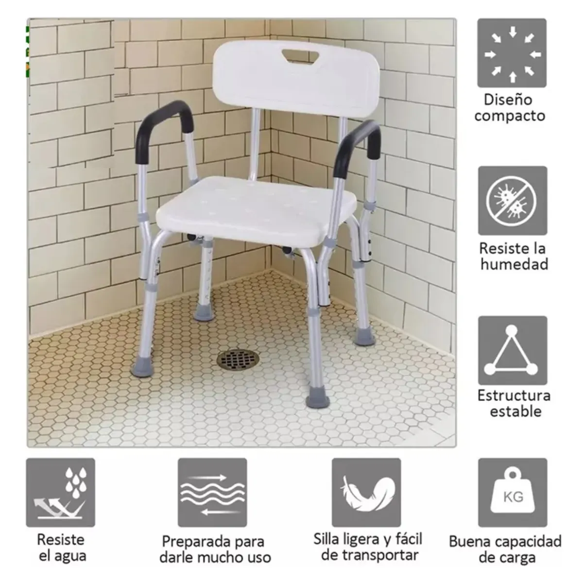 GENERICO - Silla de Ducha para Baño 180kg con drenaje Acero Inoxidable