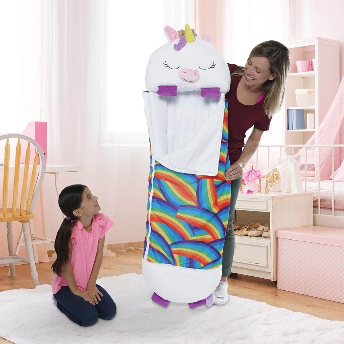 GENERICO - Saco de Dormir 2en1 Peluche+Almohada de Happy Nappers personaje Unicornio Blanco Arcoíris