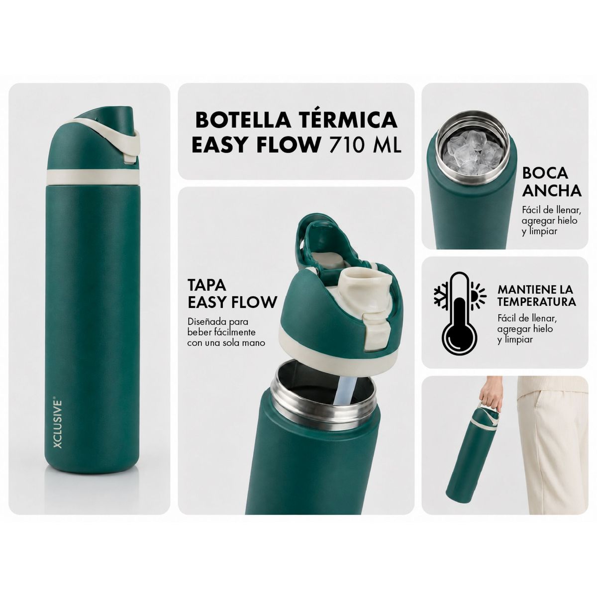 XCLUSIVE - Botella Térmica 710 ml Doble Acero Inoxidable - Easy Flow - Xclusive Termo