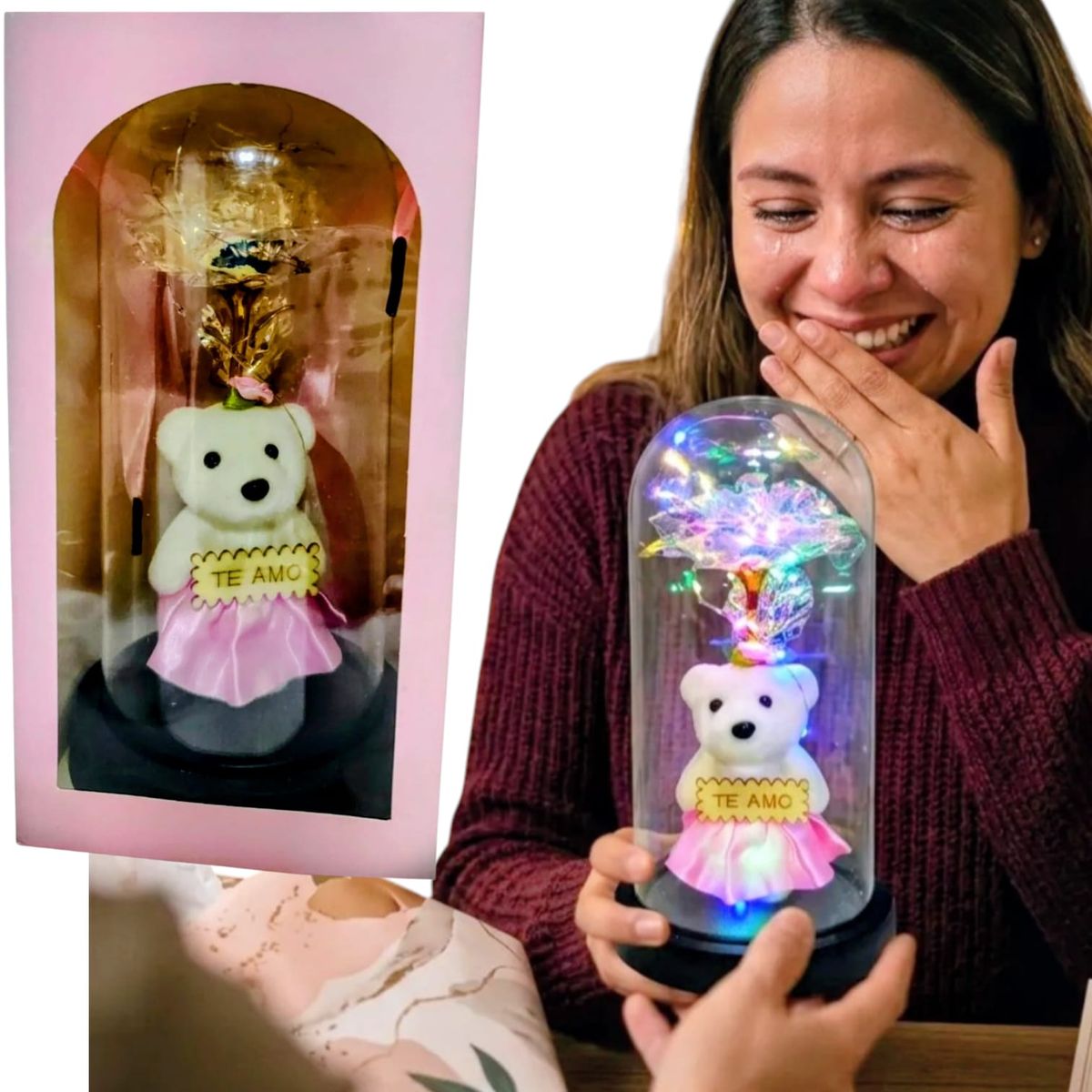 GENERICO - Rosa Eterna Con Osita Rosa Pálido En Cúpula Luces Multicolor
