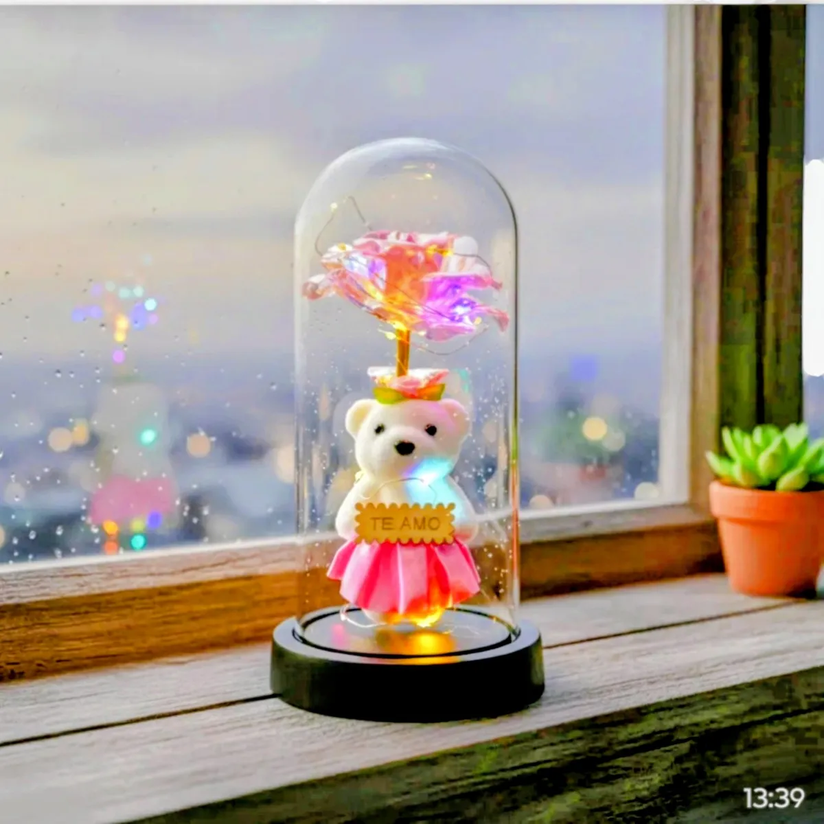 GENERICO - Rosa Eterna Con Osita Rosa Pálido En Cúpula Luces Multicolor