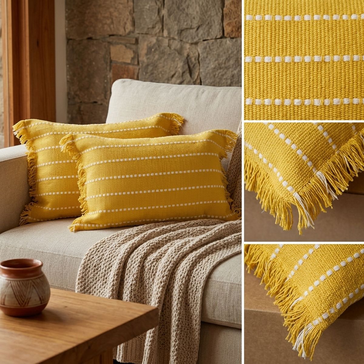 ARMONIA - Kit 2 fundas rectangulares 60x30 croché con flecos amarillo 752