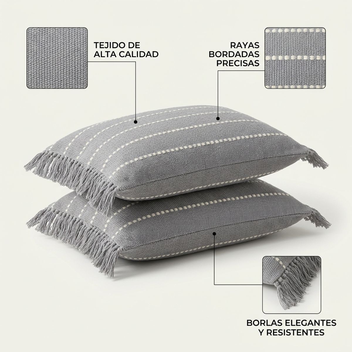 ARMONIA - Combo 2 fundas de cojín rectangular 60x30 croché gris
