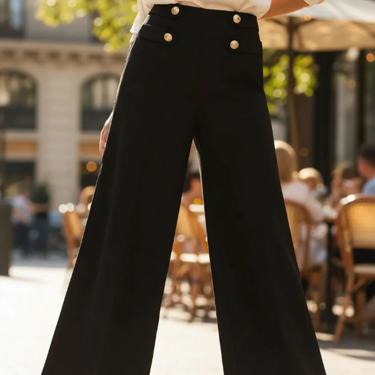 AGW - Pantalón Mujer Palazzo Negro Tiro Alto Con Botones Dorados